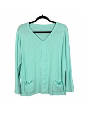 Chico’s Aqua Blue V-Neck Top Long Sleeve Soft Knit Relaxed Fit Pockets XL